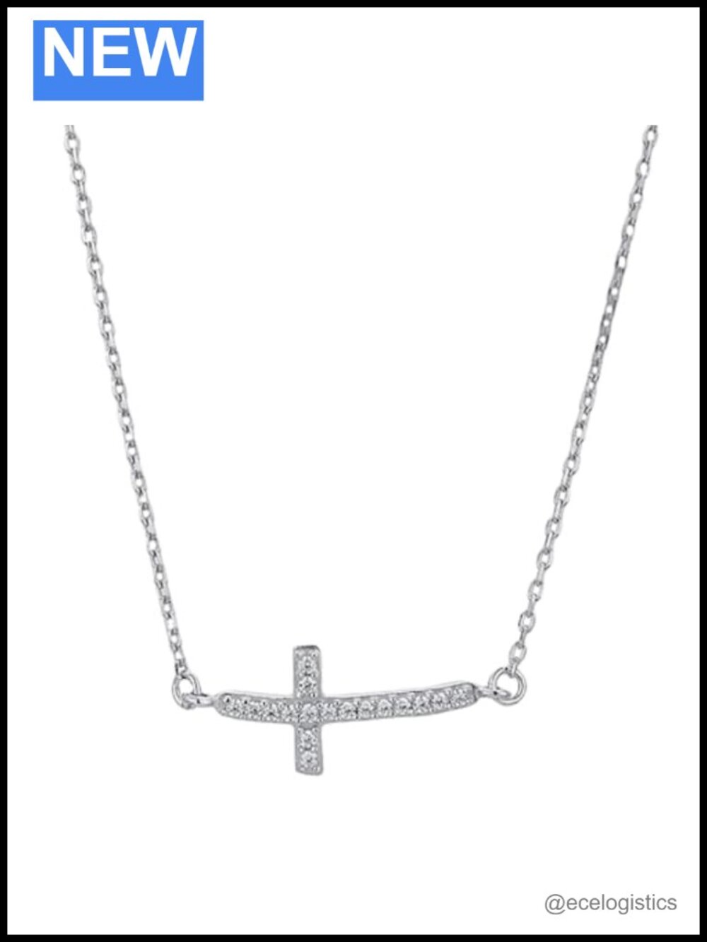 Sterling Silver Sideway Cross Pendant Necklace with Cubic Zirconia, Rhodium